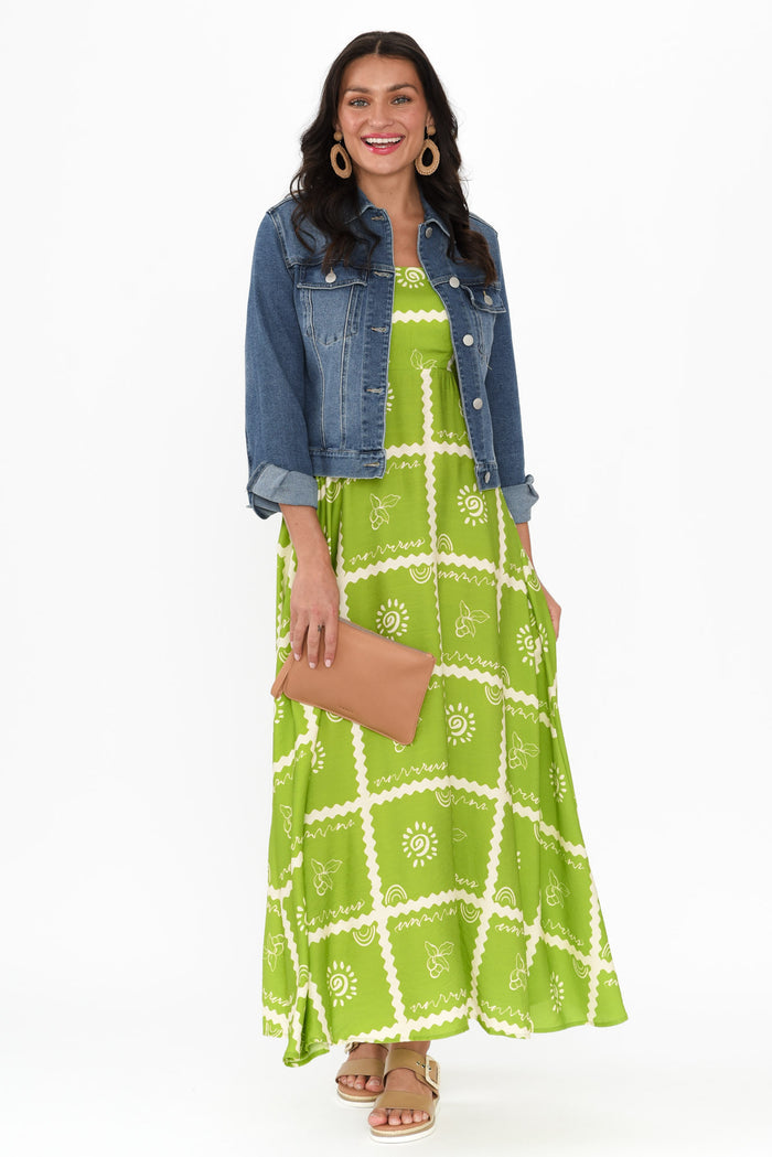 Julietta Green Tile Sleeveless Maxi Dress,Brunette model,alt text|model:Brontie