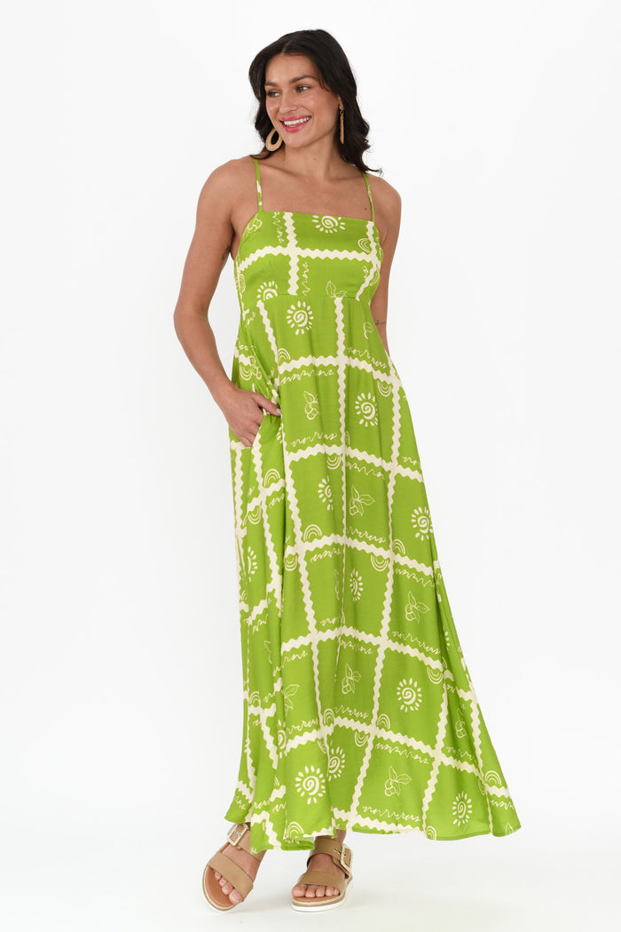 Julietta Green Tile Sleeveless Maxi Dress,Brunette model,alt text|model:Brontie