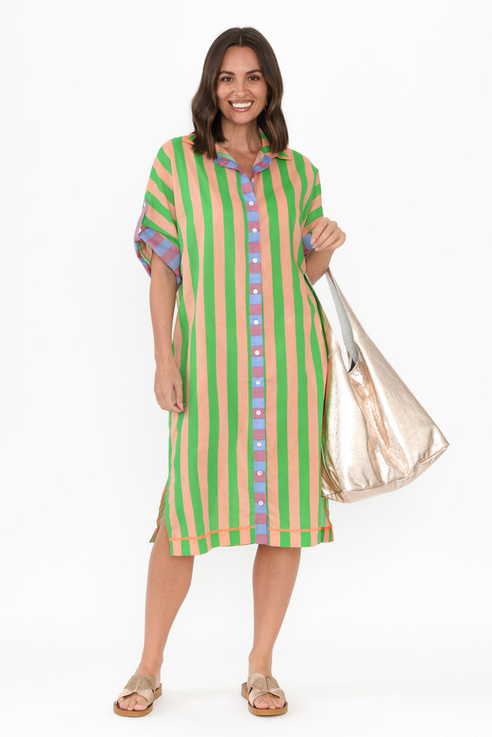 Kalinda Green Stripe Cotton Shirt Dress,Brunette model,alt text|model:MJ