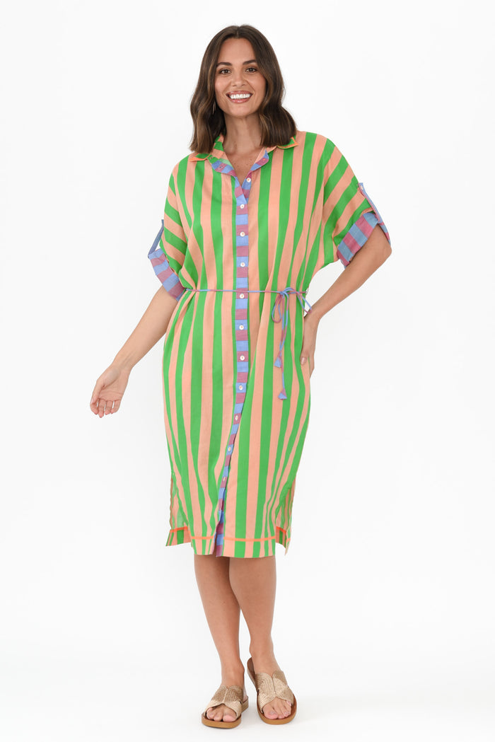 Kalinda Green Stripe Cotton Shirt Dress,Brunette model,alt text|model:MJ