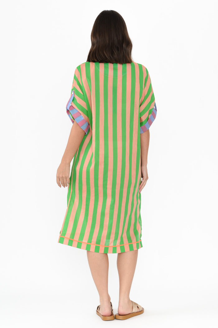 Kalinda Green Stripe Cotton Shirt Dress,Brunette model,alt text|model:MJ