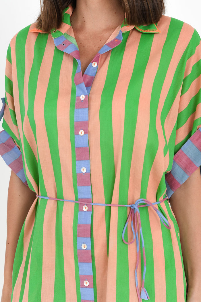 Kalinda Green Stripe Cotton Shirt Dress,Brunette model,alt text|model:MJ
