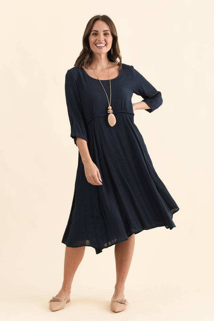 Karina Navy Crescent Dress,Brunette model,alt text|model:MJ