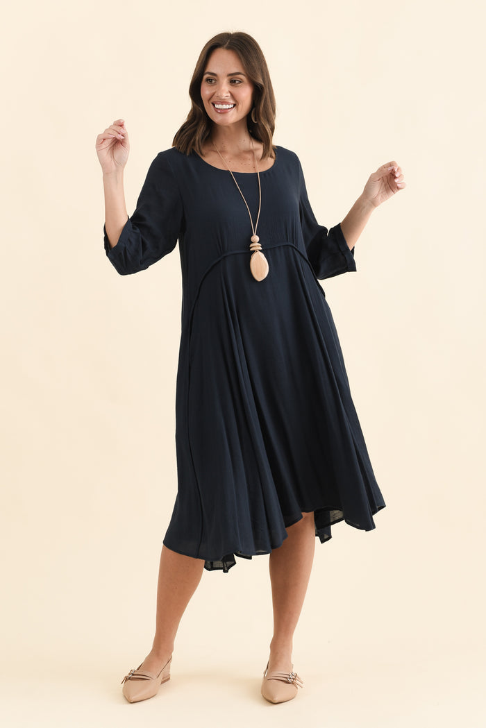 Karina Navy Crescent Dress,Brunette model,alt text|model:MJ