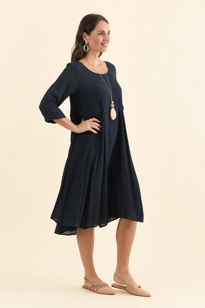 Karina Navy Crescent Dress,Brunette model,alt text|model:MJ