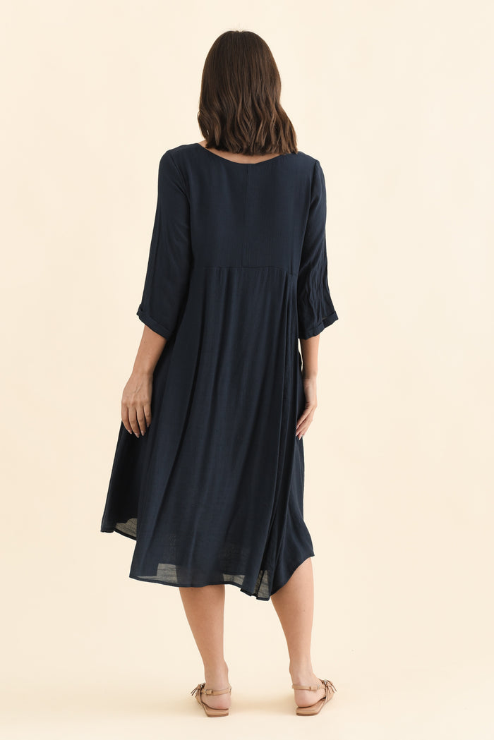 Karina Navy Crescent Dress,Brunette model,alt text|model:MJ