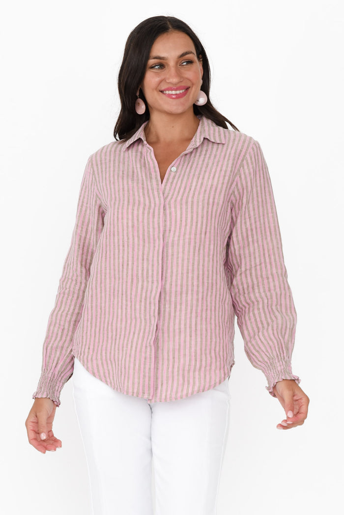 Kendo Pink Stripe Linen Collared Shirt,Brunette model,alt text|model:Brontie