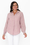 Kendo Pink Stripe Linen Collared Shirt,Brunette model,alt text|model:Brontie