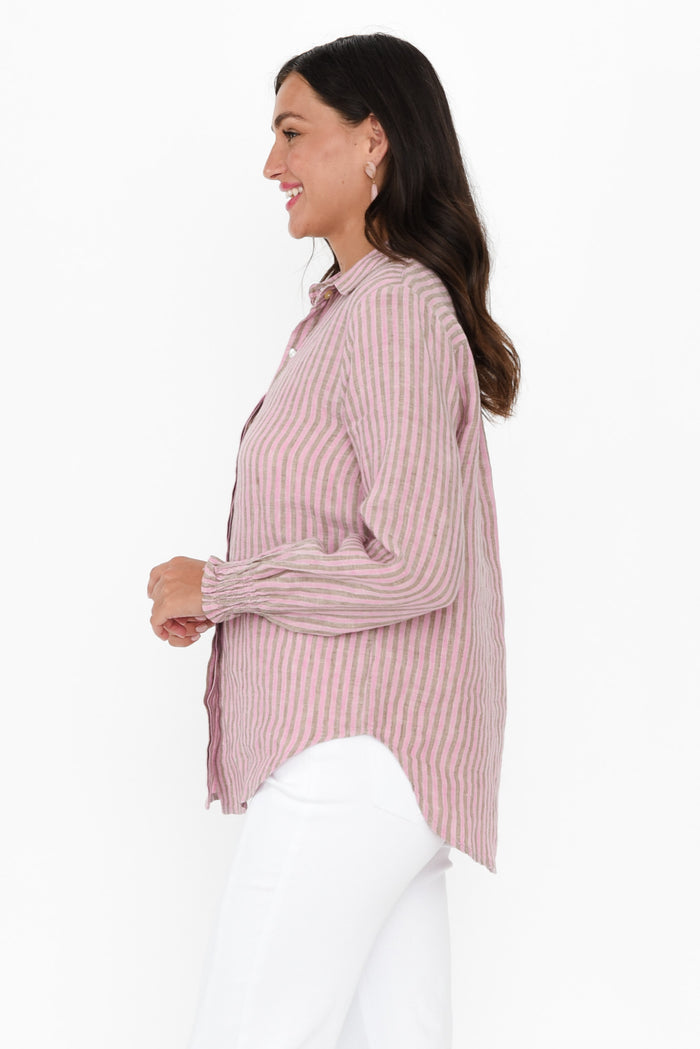 Kendo Pink Stripe Linen Collared Shirt,Brunette model,alt text|model:Brontie