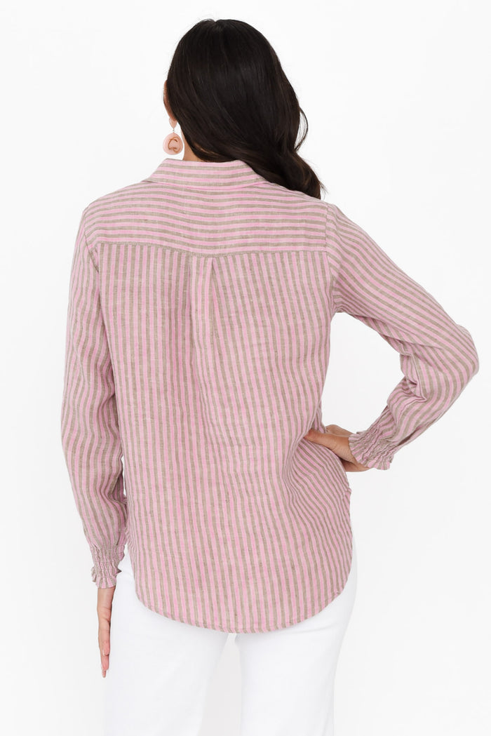 Kendo Pink Stripe Linen Collared Shirt,Brunette model,alt text|model:Brontie