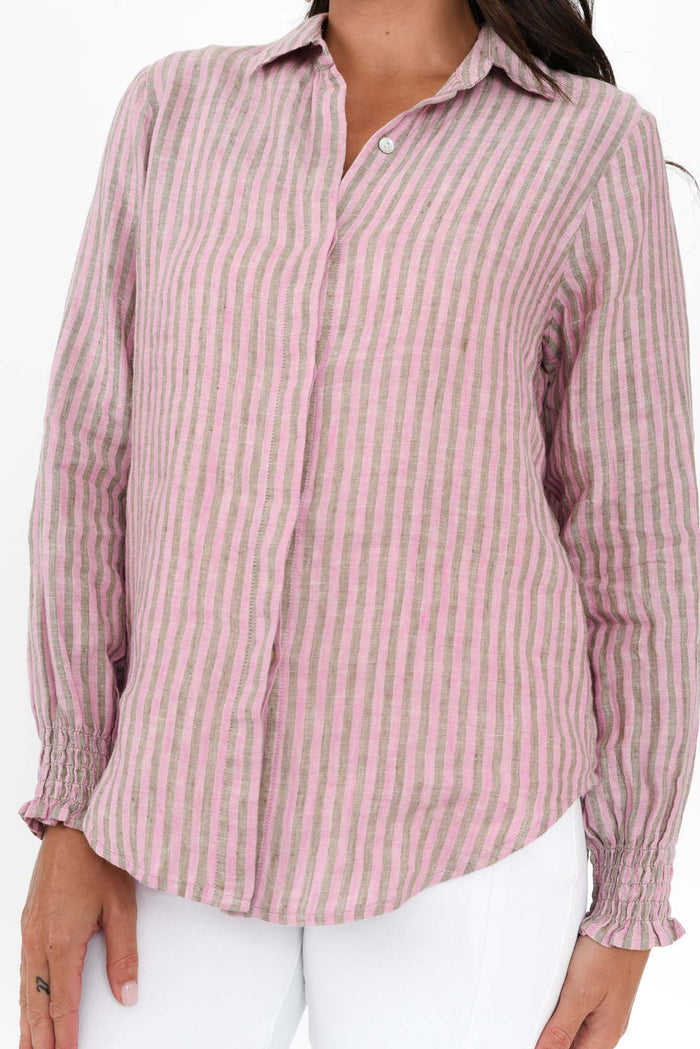 Kendo Pink Stripe Linen Collared Shirt,Brunette model,alt text|model:Brontie