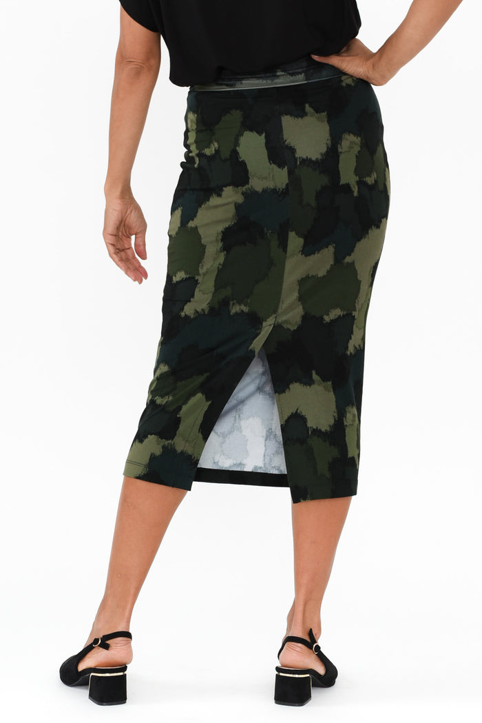 Khaki Camouflage Bamboo Maxi Tube Skirt,Brunette model,alt text|model:Cara