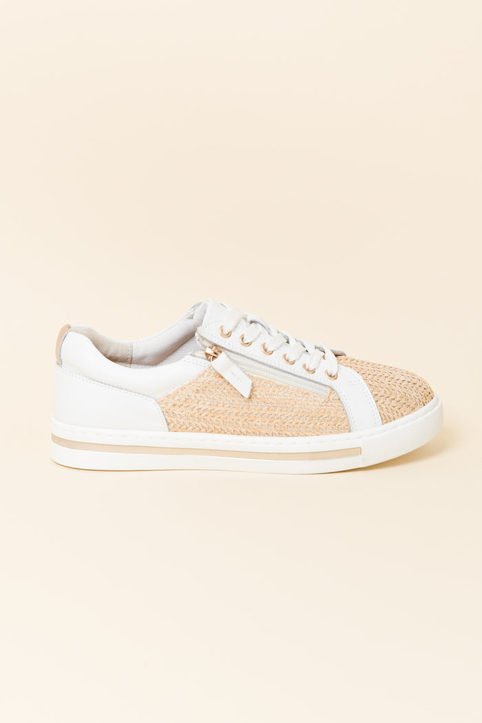 Koko White Raffia Leather Zip Sneaker