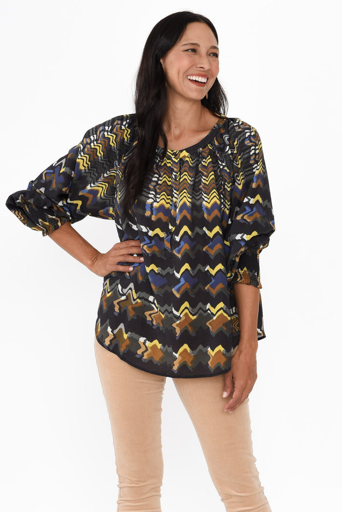 Kolide Navy Abstract Gathered Blouse,Brunette model,alt text|model:Cara
