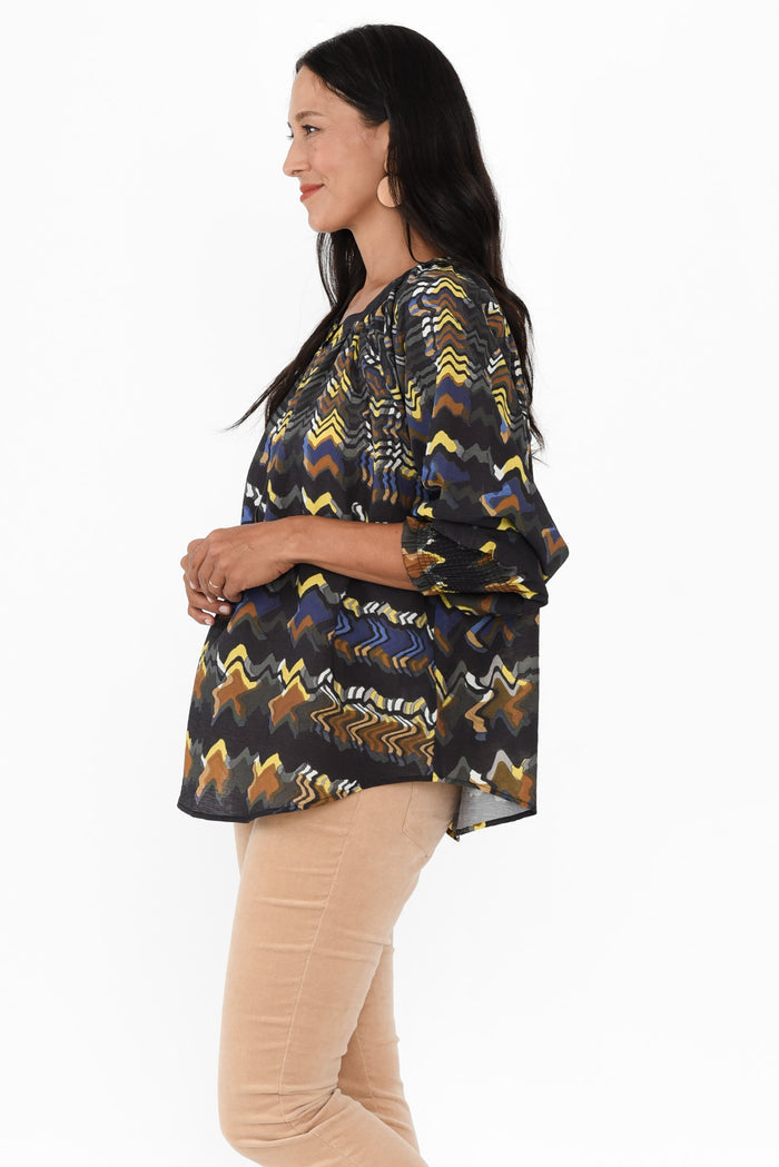 Kolide Navy Abstract Gathered Blouse,Brunette model,alt text|model:Cara