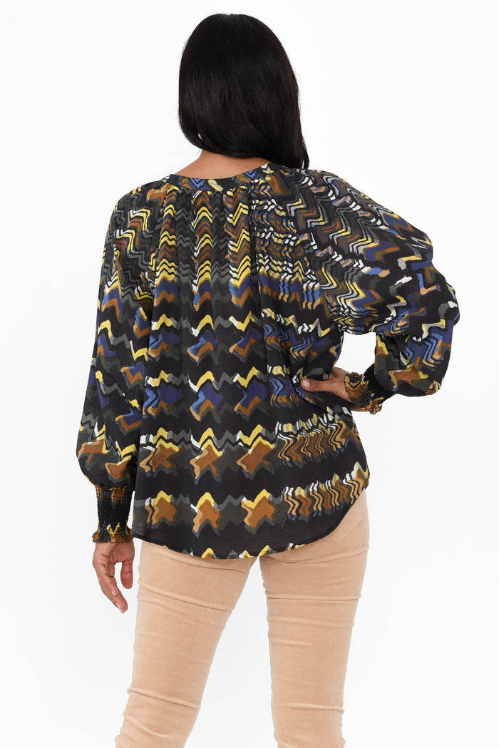 Kolide Navy Abstract Gathered Blouse,Brunette model,alt text|model:Cara