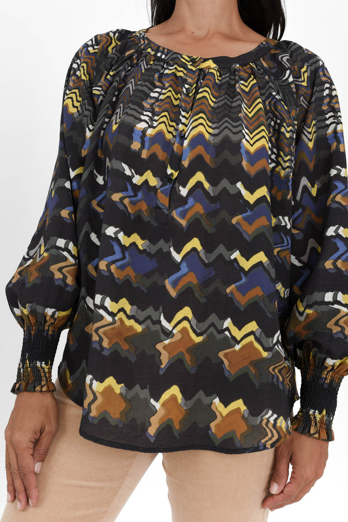 Kolide Navy Abstract Gathered Blouse,Brunette model,alt text|model:Cara