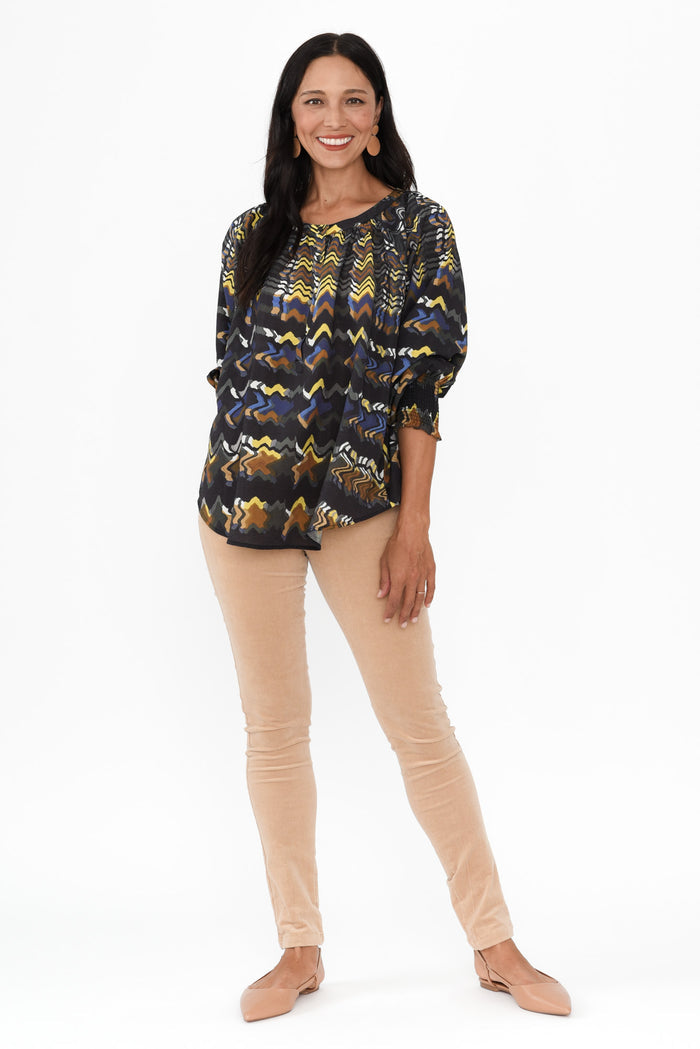Kolide Navy Abstract Gathered Blouse,Brunette model,alt text|model:Cara