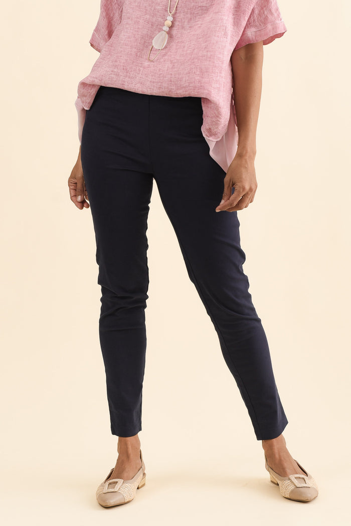 Laia Navy Cotton Stretch Pants,Brunette model,alt text|model:Cara