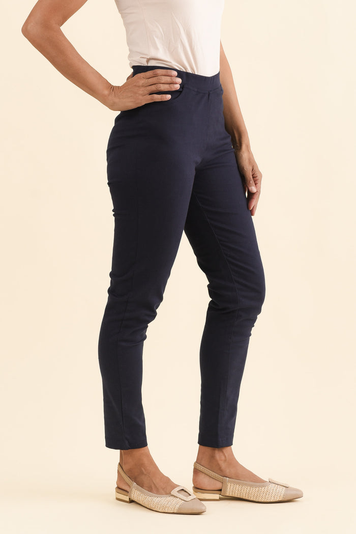 Laia Navy Cotton Stretch Pants,Brunette model,alt text|model:Cara