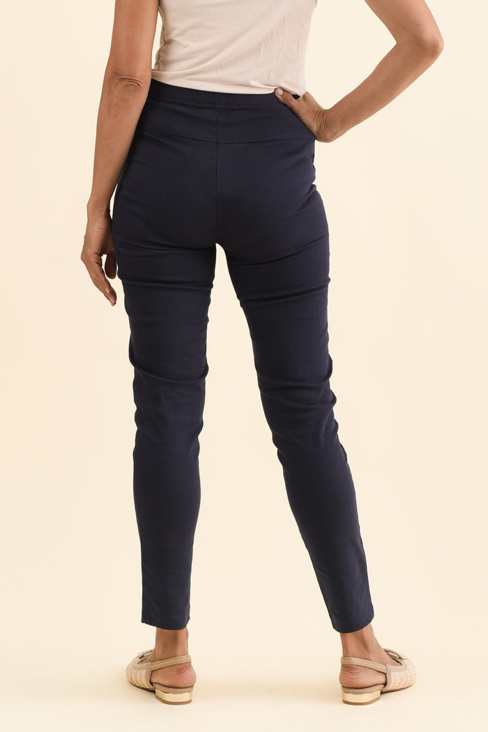 Laia Navy Cotton Stretch Pants,Brunette model,alt text|model:Cara