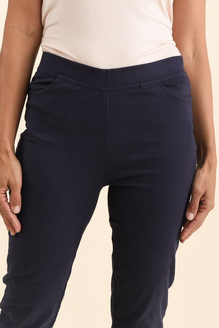 Laia Navy Cotton Stretch Pants,Brunette model,alt text|model:Cara