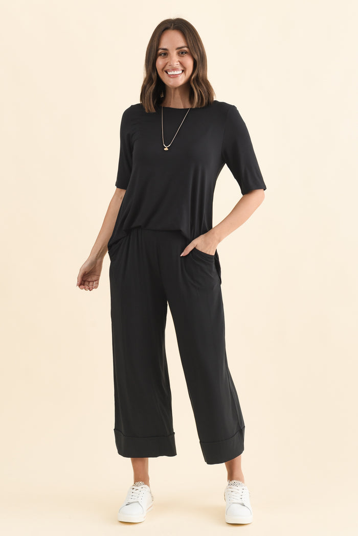 Lena Black Micro Modal Resort Pants,Brunette model,alt text|model:MJ
