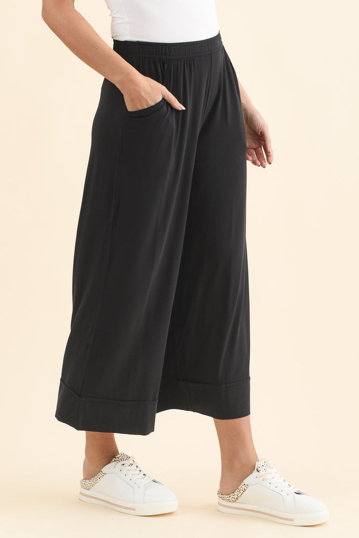 Lena Black Micro Modal Resort Pants,Brunette model,alt text|model:MJ