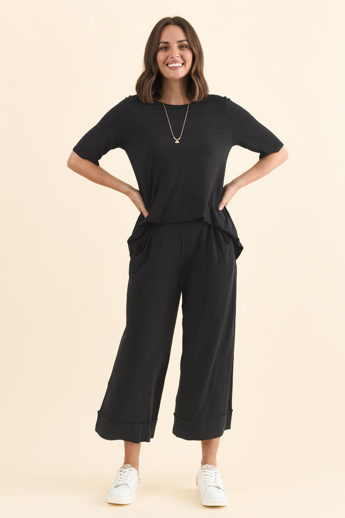 Lena Black Micro Modal Resort Pants,Brunette model,alt text|model:MJ