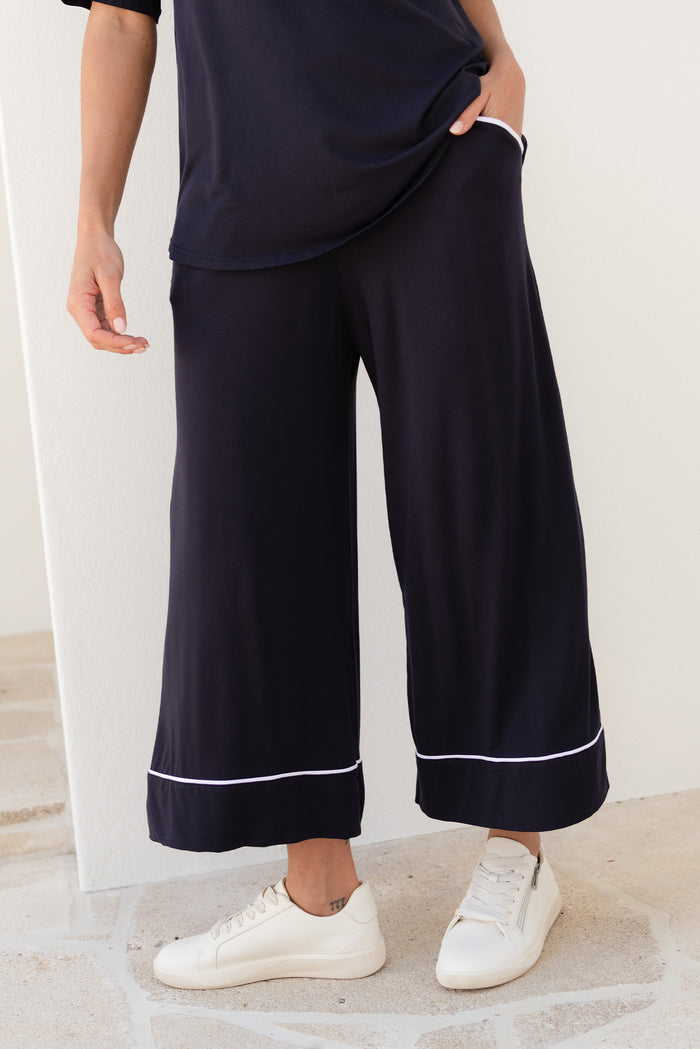 Lena Navy Contrast Micro Modal Resort Pants,Lifestyle