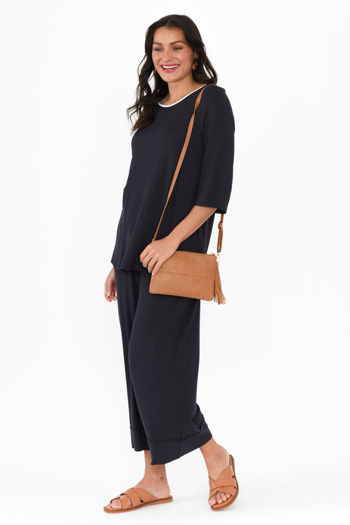 Tilly Navy Contrast 3/4 Sleeve Micro Modal Tee,Brunette model,alt text|model:Brontie