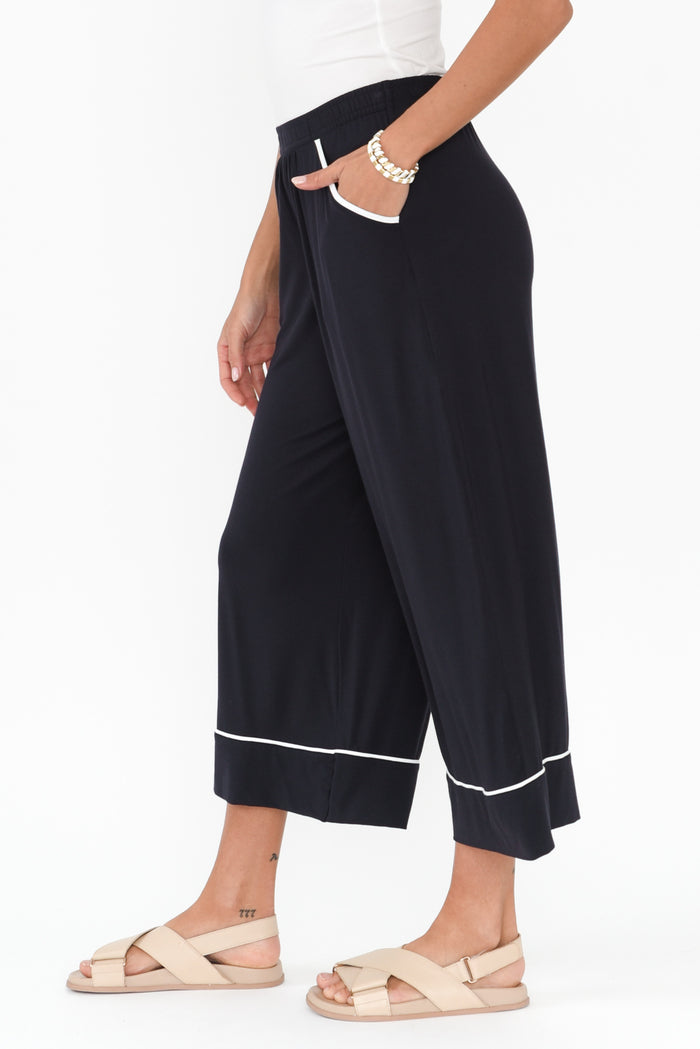 Lena Navy Contrast Micro Modal Resort Pants,Brunette model,alt text|model:Brontie