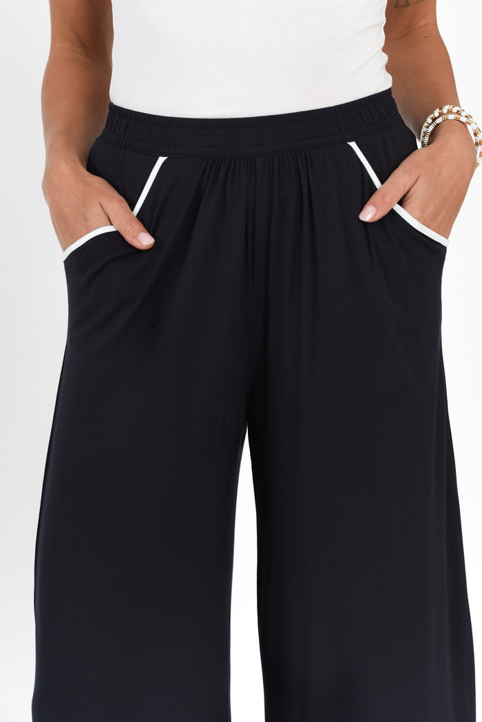 Lena Navy Contrast Micro Modal Resort Pants,Brunette model,alt text|model:Brontie