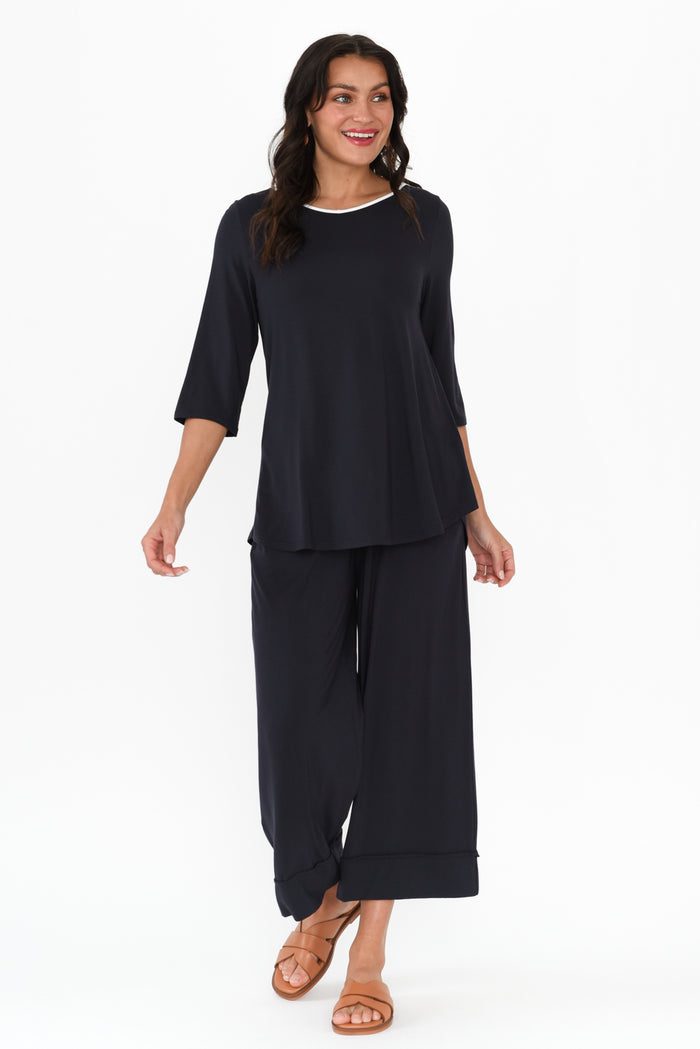 Tilly Navy Contrast 3/4 Sleeve Micro Modal Tee,Brunette model,alt text|model:Brontie