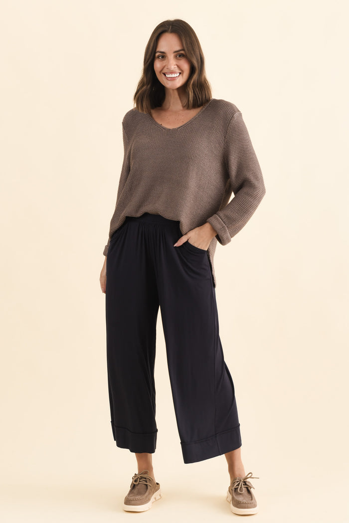 Lena Navy Micro Modal Resort Pants,Brunette model,alt text|model:MJ