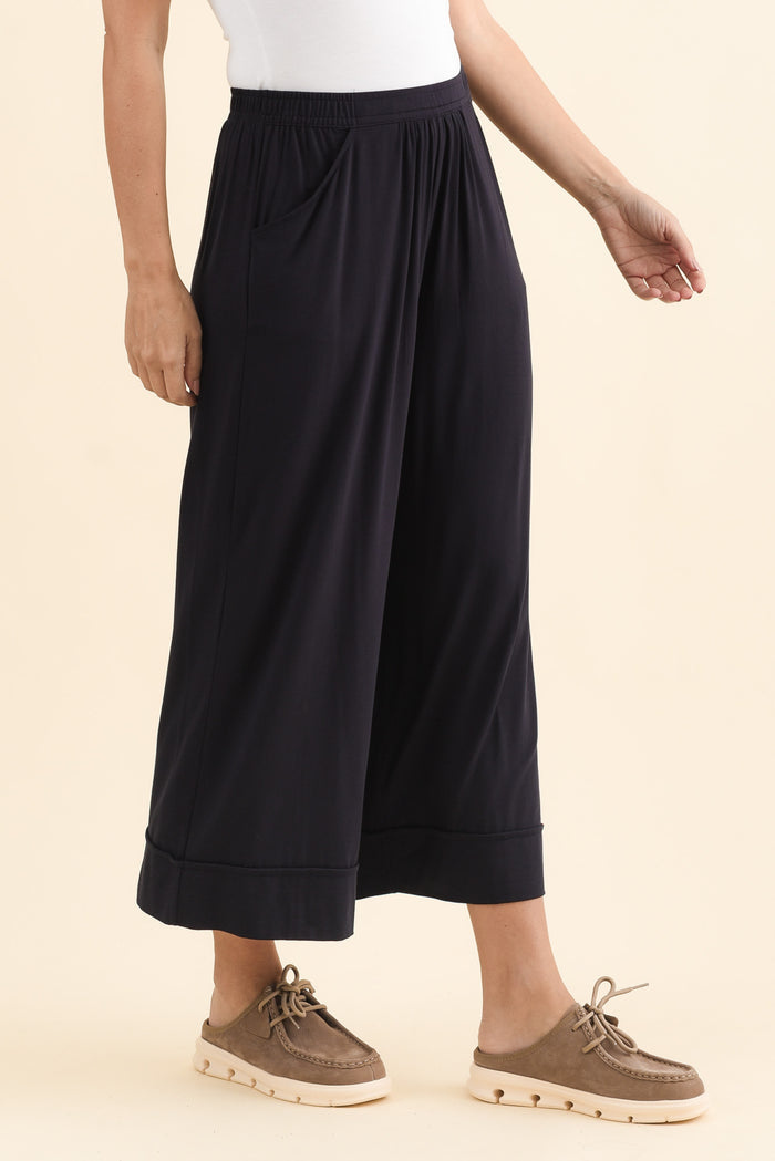 Lena Navy Micro Modal Resort Pants,Brunette model,alt text|model:MJ