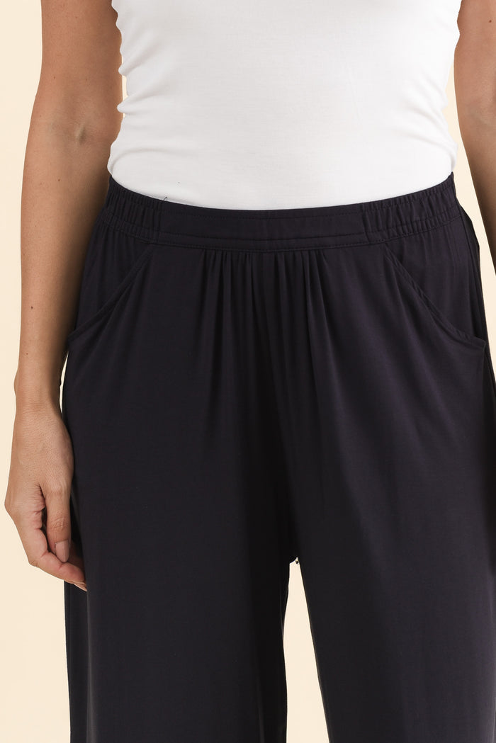 Lena Navy Micro Modal Resort Pants,Brunette model,alt text|model:MJ