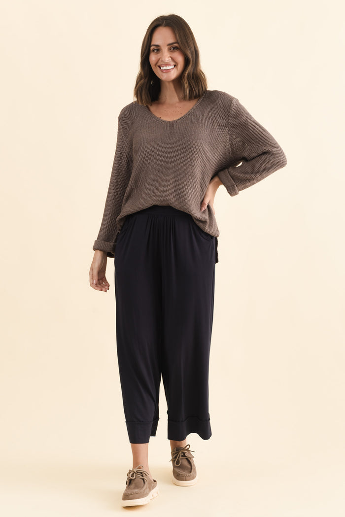 Lena Navy Micro Modal Resort Pants,Brunette model,alt text|model:MJ