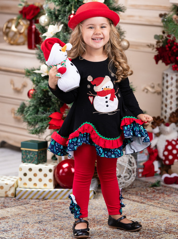 Girls Winter Casual Set | Snowman Tiered Tunic & Ruffle Legging Set