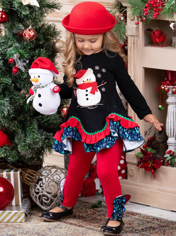 Girls Winter Casual Set | Snowman Tiered Tunic & Ruffle Legging Set