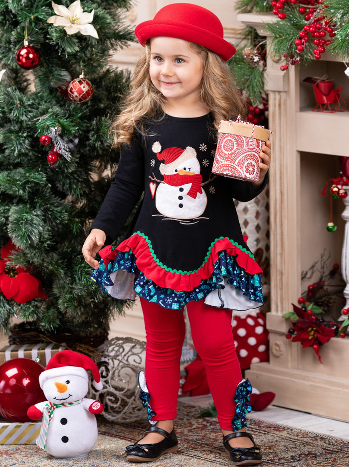 Girls Winter Casual Set | Snowman Tiered Tunic & Ruffle Legging Set