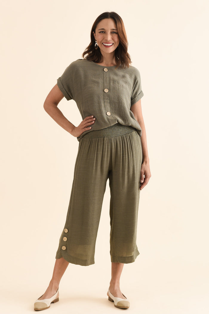 Lettie Khaki Button Pants,Full Body,Brunette model,alt text|model:Cara