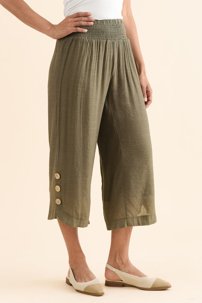 Lettie Khaki Button Pants,Side,Brunette model,alt text|model:Cara