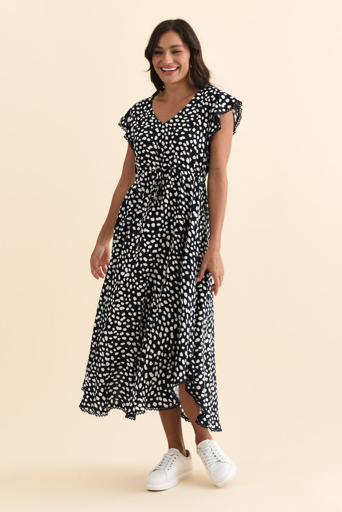 Libby Navy Spot Midi Dress,Brunette model,alt text|model:Brontie