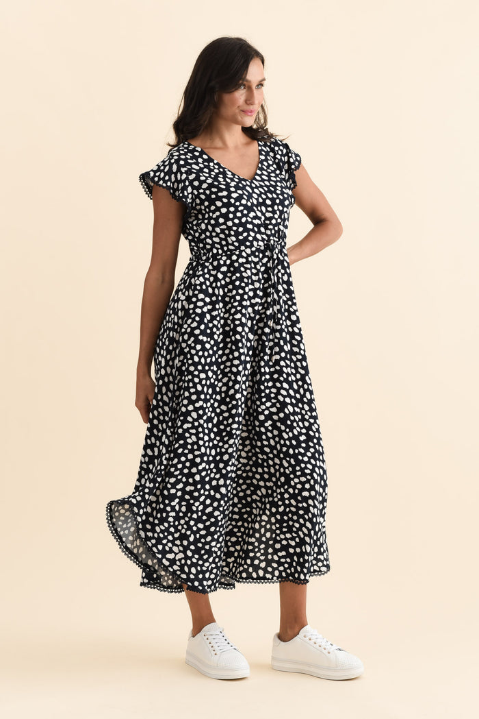 Libby Navy Spot Midi Dress,Brunette model,alt text|model:Brontie