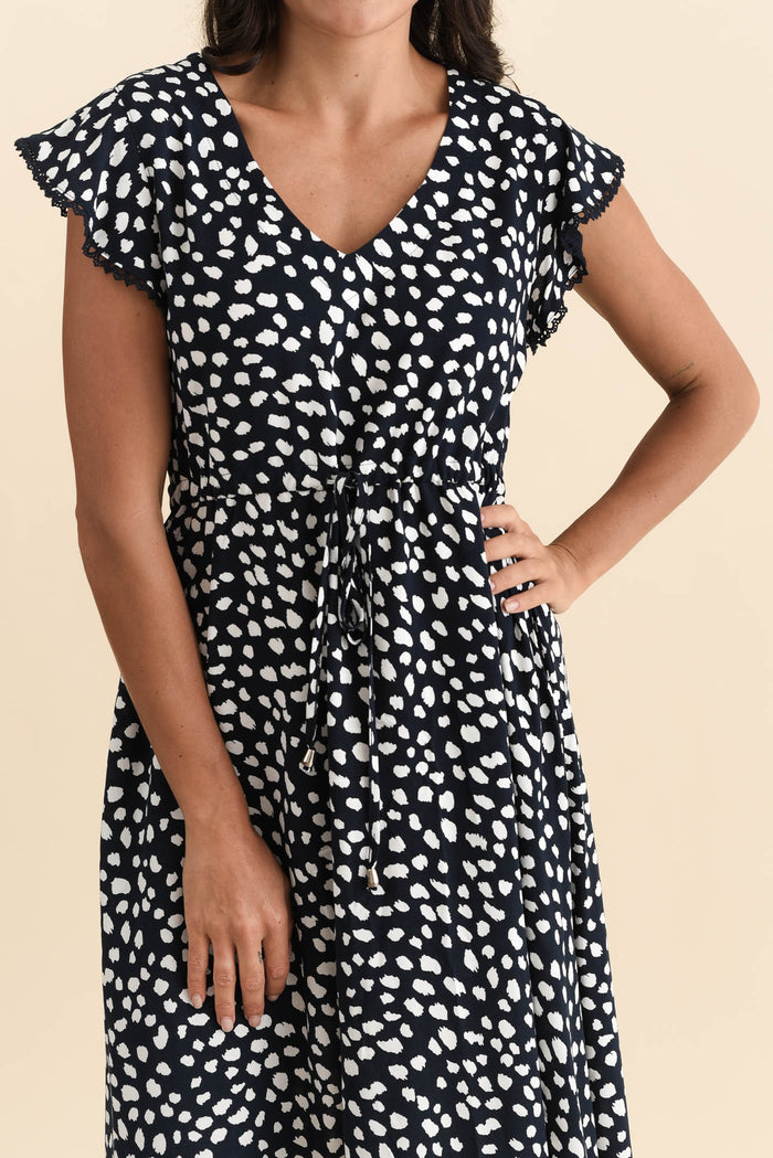 Libby Navy Spot Midi Dress,Brunette model,alt text|model:Brontie