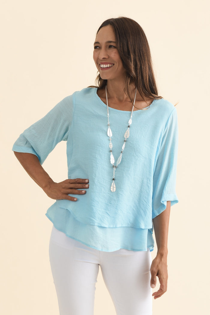 Liora Blue Layered Top,Brunette model,alt text|model:Cara