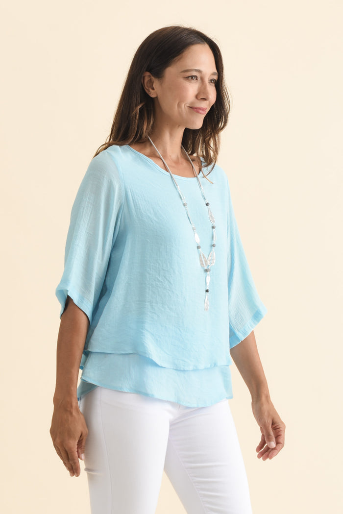 Liora Blue Layered Top,Brunette model,alt text|model:Cara