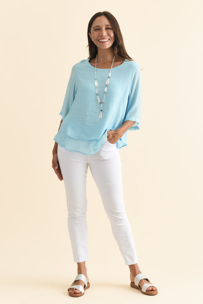 Liora Blue Layered Top,Brunette model,alt text|model:Cara
