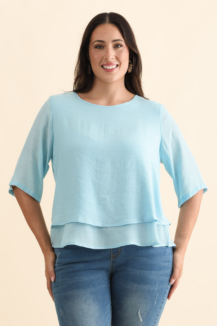 Liora Blue Layered Top,Brunette model,alt text|model:Emilia